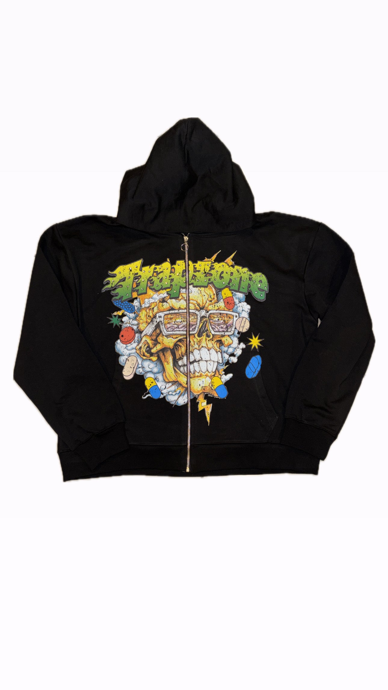 Trapzone Flame Skull Rhinestone Zip Set (Black