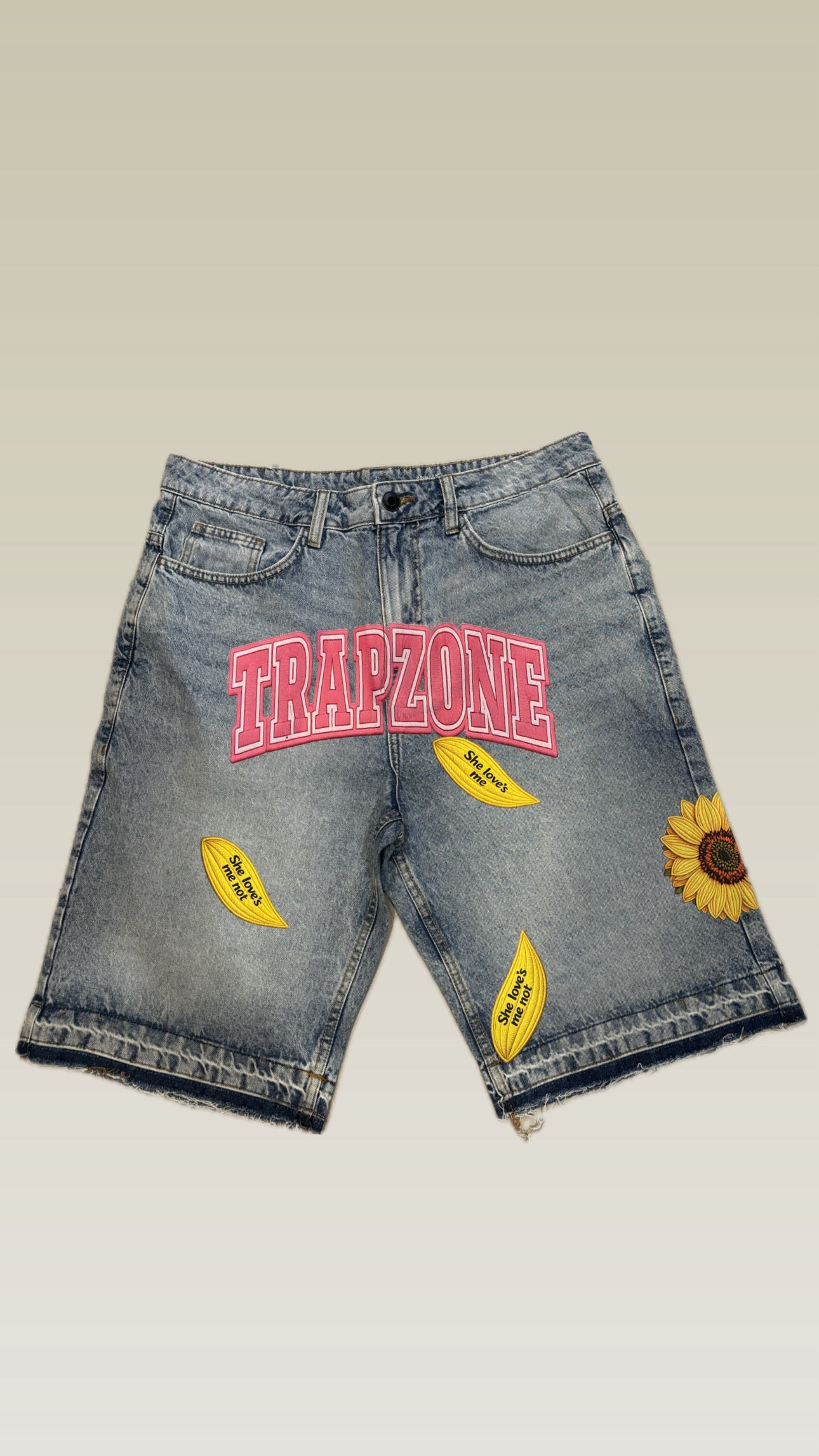 “Trapzone Broken Love Denim Shorts”