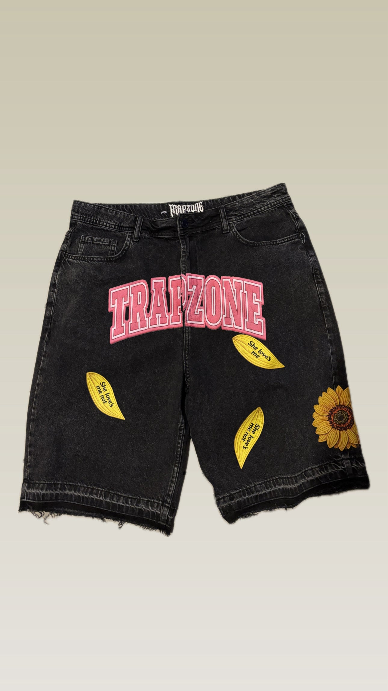 “Trapzone Broken Love Denim Shorts”