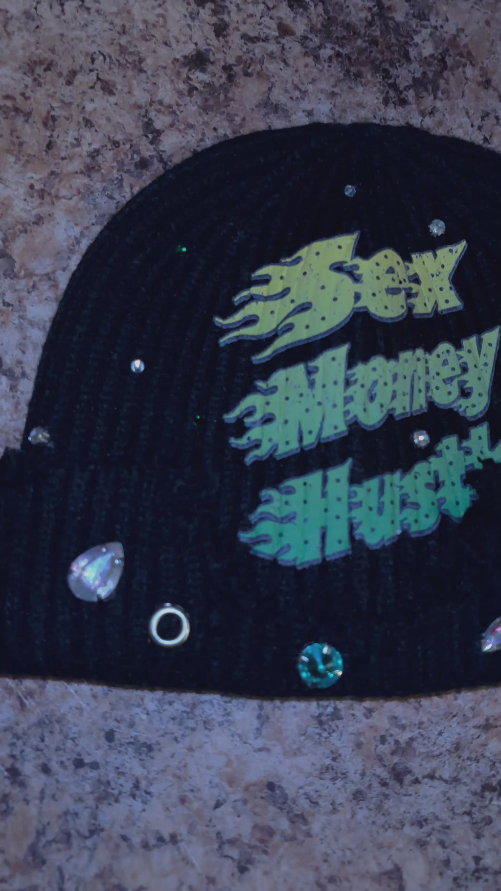 Trapzone Sex Money Hustle Rhinestone Beanie (Black)