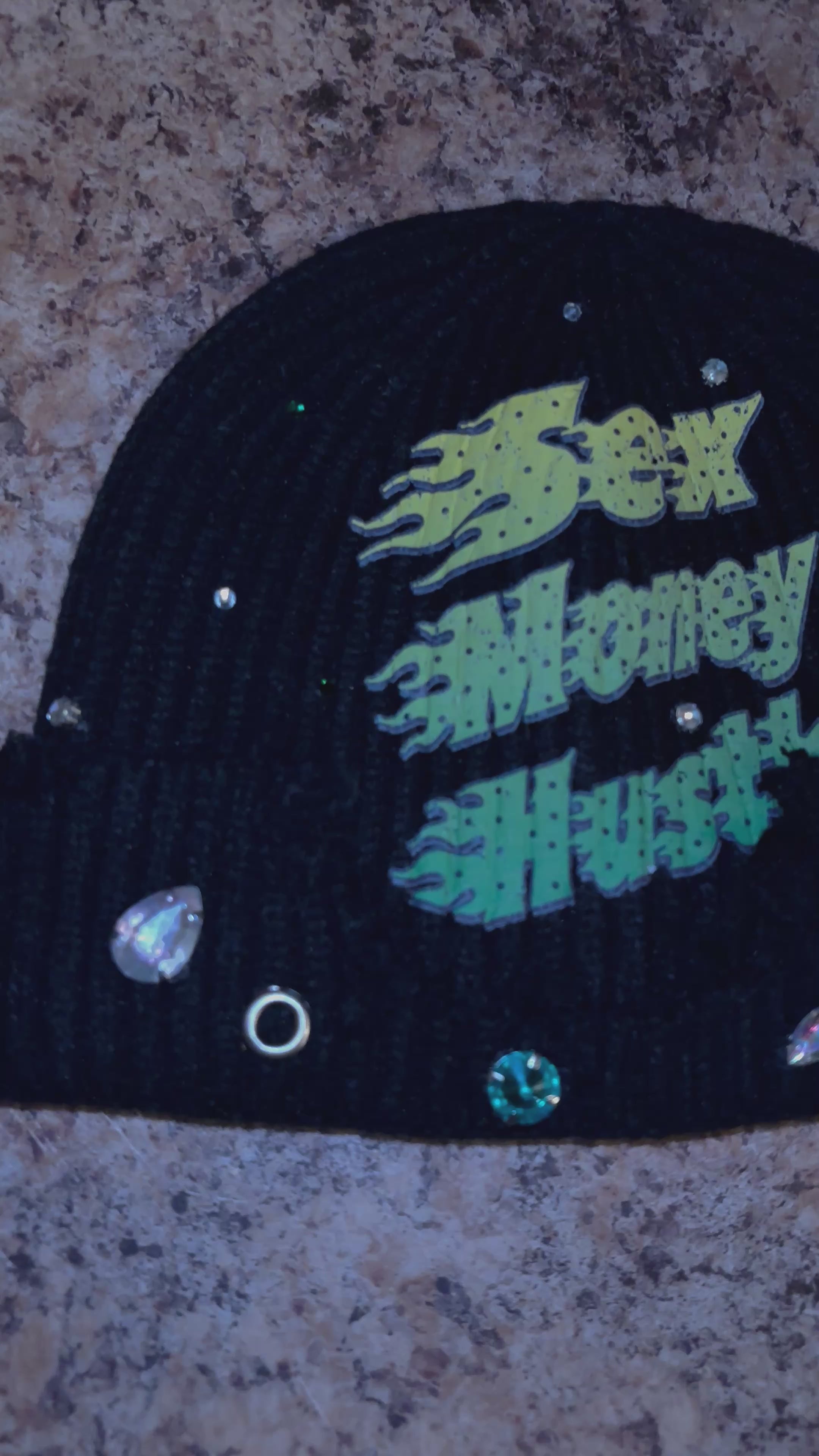 Trapzone Sex Money Hustle Rhinestone Beanie (Black)